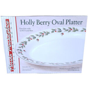 Holly Berry Oval Platter Porcelain w/ 22-KT Gold Rim 14" x 10" w/ Original Box